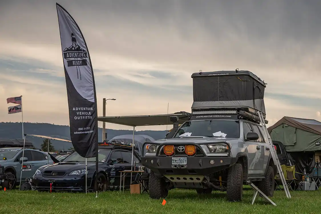 Toyo Tires Trailpass: Adventure Ready banner and 4Runner with rooftop tent