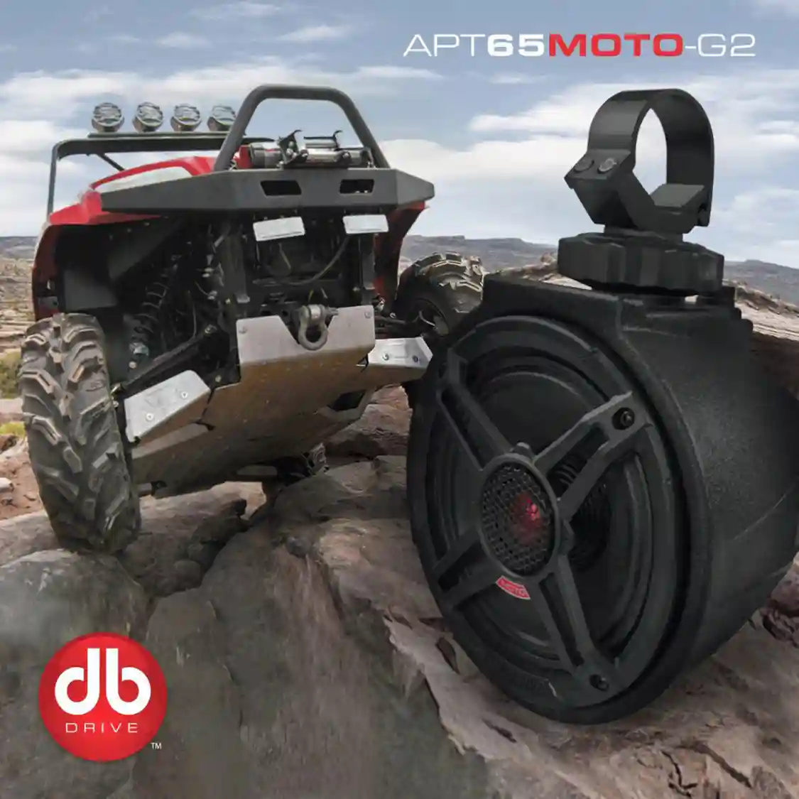 red UTV and DB Drive APT65MOTO-G2 on rocks