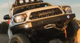 Pelfreybilt aluminum front bumper houses Hella Micro 70 LED lights, Warn winch, Epic winch hook