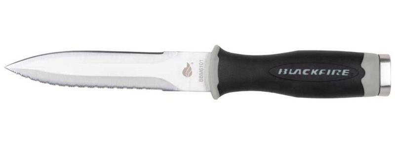 A fixed blade silver knife with black handle