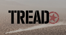 The TREAD logo superimposed atop a truck kicking up dust at King of the hammers 2023